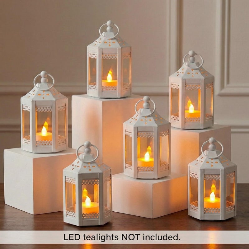 VELA LANTERNS 6pc Mini Small 4.5 Inch Metal Moroccan Lanterns Decorative Candle Tealight Holders for Centerpieces, Ramadan, Home Decor, Weddings, White - Image 2